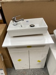 (COLLECTION ONLY) FLOOR STANDING 2 DOOR COUNTER TOP CLOSET SINK UNIT IN WHITE WITH 500 X 250MM COMPLETE WITH A SIDE TH CERAMIC BASIN COMPLETE WITH A MONO BASIN MIXER TAP AND CHROME SPRUNG WASTE RRP £