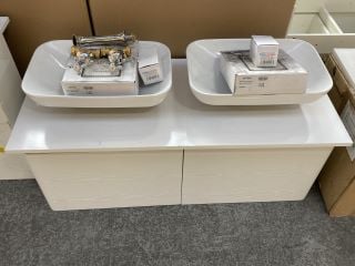 WALL HUNG 2 DRAW TWIN SINK UNIT IN WHITE WOODGRAIN WITH A 1220 X 530MM WHITE COUNTER TOP COMPLETE WITH 2X CERAMIC VESSEL BASINS WITH 2X WALL MOUNTED BASIN MIXERS AND CHROME SPRUNG WASTE RRP £1320: LO