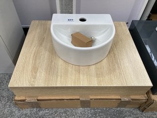 (COLLECTION ONLY) 600 X 460MM FLOATING COUNTER TOP IN LIGHT OAK WITH A 1TH CERAMIC COUNTERTOP BASIN RRP £295: LOCATION - D4