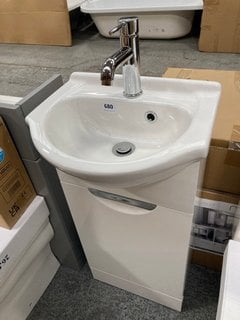 (COLLECTION ONLY) FLOOR STANDING 1 DOOR SEMI RECESSED CLOSET SINK UNIT IN WHITE WITH A 410 X 350MM 1TH CERAMIC BASIN COMPLETE WITH A MONO BASIN MIXER TAP AND CHROME SPRUNG WASTE RRP £685: LOCATION -