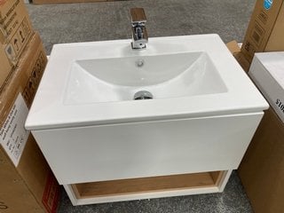 (COLLECTION ONLY) WALL HUNG 1 DRAWER SINK UNIT IN TATE WHITE AND OAK WITH OPEN SHELF 610 X 400MM WITH A 1TH CERAMIC BASIN COMPLETE WITH A MONO BASIN MIXER TAP AND CHROME SPRUNG WASTE RRP £740: LOCATI