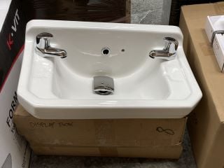 WALL MOUNTED 2TH CERAMIC CLOSET BASIN WITH A PAIR OF CHROME PILLAR TAPS WITH SPRUNG WASTE RRP £320: LOCATION - D3