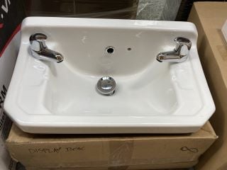 WALL MOUNTED 2TH CERAMIC CLOSET BASIN WITH A PAIR OF CHROME PILLAR TAPS WITH SPRUNG WASTE RRP £320: LOCATION - D3