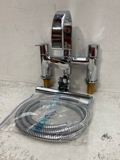 DECK MOUNTED BSM IN CHROME WITH SWIVEL SPOUT, PENCIL STYLE SHOWER HANDSET, HOSE AND WALL MOUNTING BRACKET RRP £395: LOCATION - R1