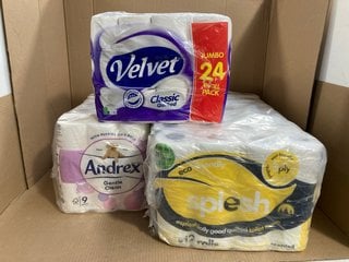 QTY OF ASSORTED PAPERWARE ITEMS TO INCLUDE 5 X 9 PACK ANDREX TOILET TISSUE IN WHITE: LOCATION - H9