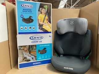 3 X ASSORTED CAR SEATS TO INCLUDE GRACO EVERSURE LITE I-SIZE BACKLESS BOOSTER WITH PADDED ARMRESTS: LOCATION - H8