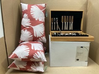 60 PIECE ARTHUR PRICE STAINLESS STEEL CANTEEN OF CUTLERY : RRP £650.00 TO INCLUDE 3 X JOHN LEWIS AND PARTNERS OUTDOOR CUSHIONS WITH FAN LEAF DESIGN IN BAKED CLAY TO ALSO INCLUDE JOHN LEWIS & PARTNERS