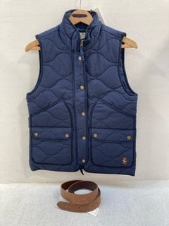 R.M.WILLIAMS LADIES WILBY PADDED VEST IN NAVY- UK SIZE 10 TO INCLUDE LEATHER BELT IN BROWN: LOCATION - G9