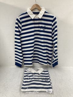 2 X R.M.WILLIAMS LADIES NUNDLE LONG SLEEVED RUGBY STYLE TOPS IN BLUE/WHITE- UK SIZE 10: LOCATION - G9