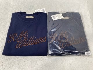 2 X R.M.WILLIAMS SCRIPT CREW NECK SWEATSHIRTS IN NAVY- UK SIZE M- COMBINED RRP £170.00: LOCATION - G10