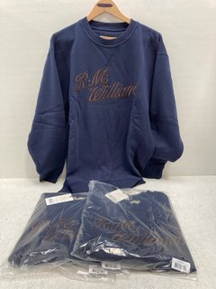 3 X R.M.WILLIAMS SCRIPT CREW NECK SWEATSHIRTS IN NAVY- UK SIZE M : COMBINED RRP £255.00: LOCATION - G11