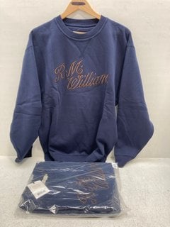 2 X R.M.WILLIAMS SCRIPT CREW NECK SWEATSHIRTS IN NAVY- UK SIZE M : COMBINED RRP £170.00: LOCATION - G11