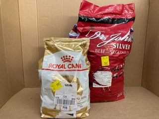 3KG BAG OF ROYAL CANIN ADULT FRENCH BULLDOG DRY DOG FOOD- BBE 12.11.25 TO INCLUDE 15KG BAG OF DR.JOHN SILVER COMPLETE DOG FOOD WITH BEEF & VEGETABLES: LOCATION - F16