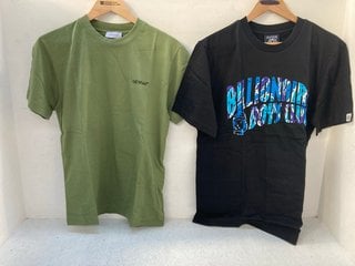 BILLIONAIRE BOYS CLUB CAMO ARCH LOGO T-SHIRT IN BLACK- UK SIZE S TO INCLUDE OFF-WHITE WINDY ARROW SLIM T-SHIRT IN GREEN- UK SIZE S - COMBINED RRP £354: LOCATION - F13