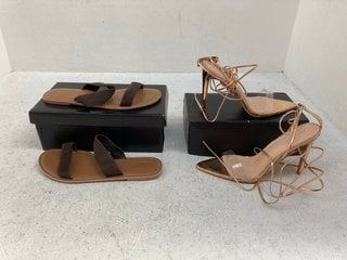 PAIR OF WOMENS PRETTY LITTLE THING CLEAR STRAP POINTED TOE BARELY THERE HEELS IN ROSE GOLD - SIZE UK 8 TO ALSO INCLUDE PAIR OF WOMENS PRETTY LITTLE THING 2 STRAP FLAT SANDALS IN BROWN - SIZE UK 8: LO