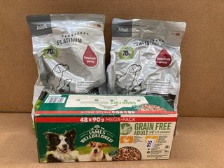 3 X ASSORTED PET FOOD ITEMS TO INCLUDE 48 PACK OF 90G SACHETS OF JAMES WELLBELOVED GRAIN FREE ADULT DOG FOOD- BBE 27.03.26: LOCATION - F3