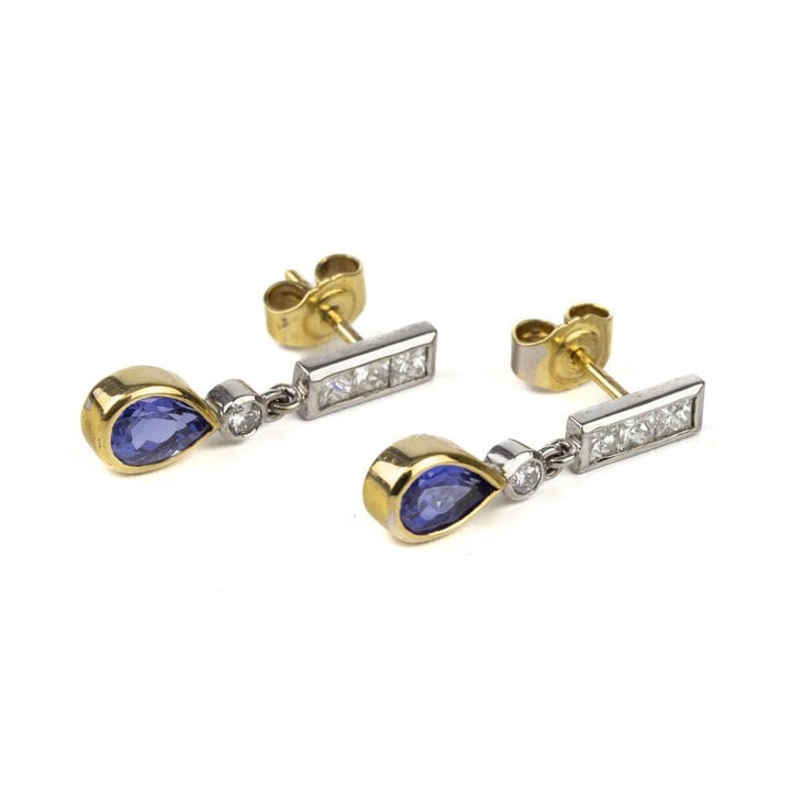 14ct Yellow and White Gold 1.50ct Tanzanite and 0.68ct Diamond Drop Earrings, 2.5cm, 4.5g.  Auction Guide: £300-£400 (VAT Only Payable on Buyers Premium)