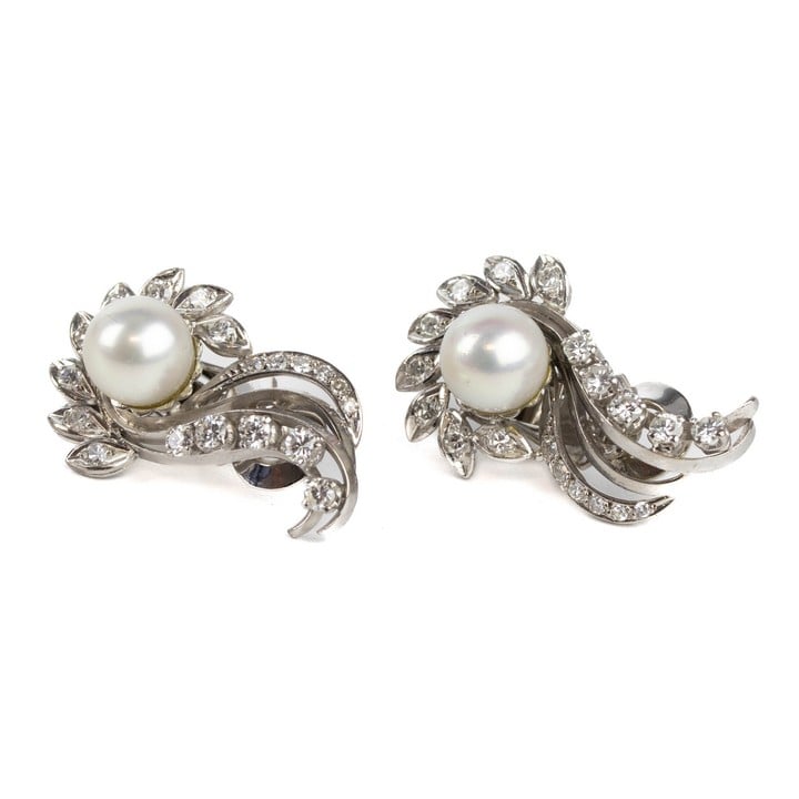 9ct White Gold 1.10ct Diamond and Cultured Pearl Earrings, 3x1.7cm, 12.8g.  Auction Guide: £300-£400 (VAT Only Payable on Buyers Premium)