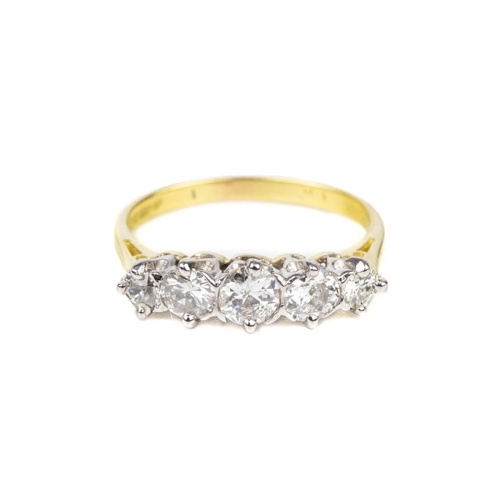 18ct Yellow Gold 0.90 Diamond Five Stone Band Ring, Size N½, 3.2g.  Colour K-L, Clarity I1-I2.  Auction Guide: £250-£350 (VAT Only Payable on Buyers Premium)