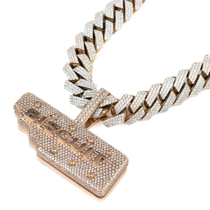 9K Rose 24.00ct Diamond Large Curb Chain, 49cm and Biscuit Pendant, 6x4.5cm, total weight 451.6g.  Auction Guide: £9,500-£11,000 (VAT Only Payable on Buyers Premium)