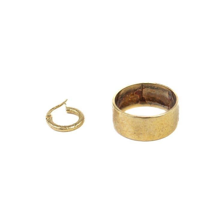 9ct Yellow Gold Band Ring, Size T, 5.6g. 14K Hoop Earring, 1.2cm, 0.3g (VAT Only Payable on Buyers Premium)