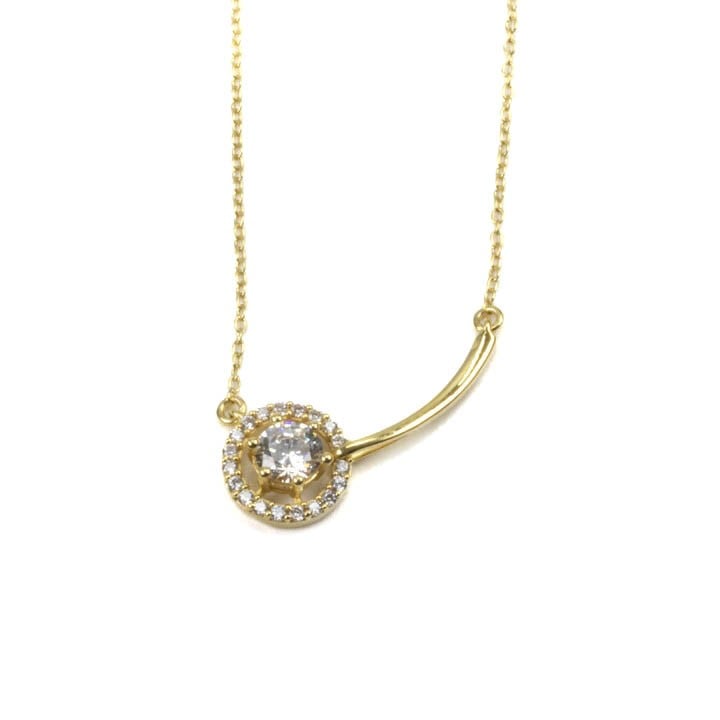 Silver Yellow Gold Plated Clear Round Faceted Stone with Circle Halo Pendant, 2.7cm and Chain, 48cm, 2.5g