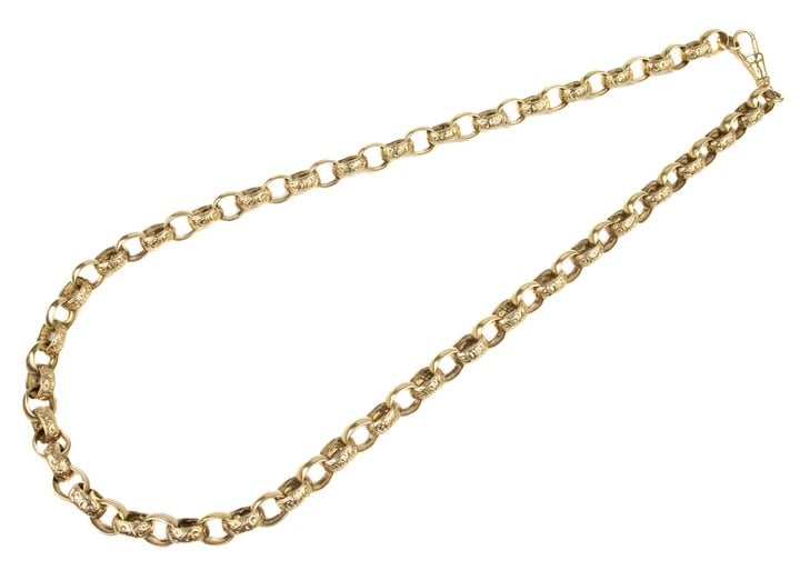 9ct Yellow Gold Patterned Belcher Chain, 73cm, 123.5g.  Auction Guide: £1,750-£2,250 (VAT Only Payable on Buyers Premium)