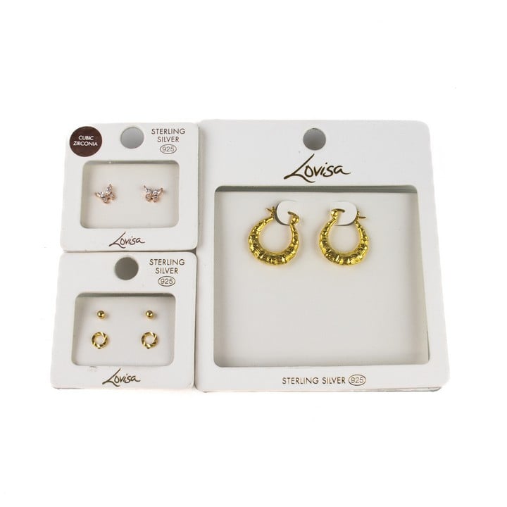 Lovisa Silver Patterned Hoop Earrings, Silver Ball and Circle Stud Earrings, Silver Cubic Zirconia Butterfly Stud Earrings, total weight 4.35g (VAT Only Payable on Buyers Premium)