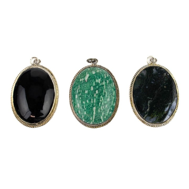 Silver Gold Stone, Amazonite and Moss Agate Cabochon Oval-cut Pendants, 40x30mm, 49.9g