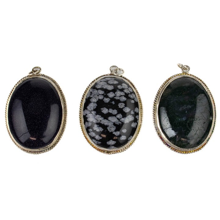 Silver Gold Stone, Moss Agate and Flower Obsidian Cabochon Oval-cut Pendants, 40x30mm, 52.7g