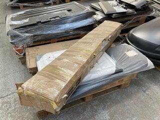 PALLET OF ASSORTED INCOMPLETE FURNITURE TO INCLUDE SINGLE WHITE VELVET HEADBOARD: LOCATION - A2