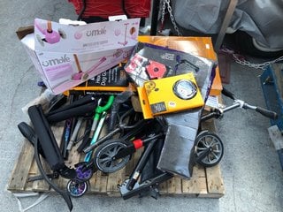 PALLET OF ASSORTED ITEMS TO INCLUDE UMOVE MINI FLEX LED TILT SCOOTER IN PINK AND MESH HEADREST DOG GUARD: LOCATION - A1 (KERBSIDE PALLET DELIVERY)