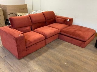 LARGE 3 SEATER MODULAR SOFA WITH MATCHING FOOTSTOOL IN RUST RED ORANGE VELVET: LOCATION - BOOTH