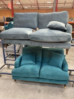 2 SEATER SOFA IN VELVET TURQUOISE TO INCLUDE INCOMPLETE CORNER SOFA IN VELVET BLUE: LOCATION - B4