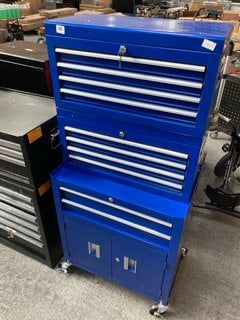 2 X 4 DRAWER TOOL CHESTS WITH OPEN TOPS IN BLUE TO INCLUDE 2 DOOR 2 DRAWER TOOL CHEST IN BLUE WITH WHEELS: LOCATION - B4