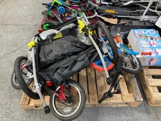 PALLET OF ASSORTED CHILDRENS BIKES TO INCLUDE BICYCLE TRAILER: LOCATION - B5 (KERBSIDE PALLET DELIVERY)