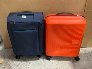 JOHN LEWIS & PARTNERS CABIN SIZE FABRIC WHEELED SUITCASE IN NAVY TO ALSO INCLUDE AMERICAN TOURISTER CABIN SIZE HARD SHELL WHEELED SUITCASE IN ORANGE: LOCATION - AR13