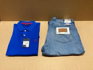 GANT CONTRAST COLLAR POLO TOP IN LAPIS BLUE - UK L TO ALSO INCLUDE WRANGLER GREENSBORO 803 REGULAR STRAIGHT JEANS - UK 36/32: LOCATION - AR14