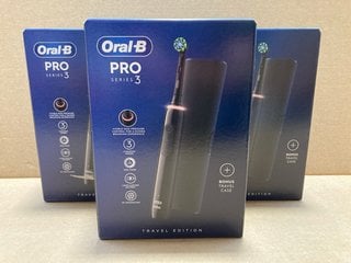 3 X ORAL-B PRO SERIES 3 TRAVEL EDITION ELECTRIC TOOTHBRUSHES IN BLACK - COMBINED RRP £135.00: LOCATION - AR16