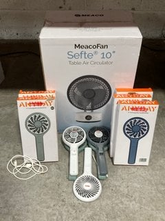 QTY OF JOHN LEWIS & PARTNERS 4" HAND HELD FANS IN VARIOUS COLOURS TO ALSO INCLUDE MEACO SEFTE 10" TABLE AIR CIRCULATOR: LOCATION - AR17