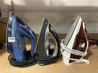 3 X ASSORTED IRONS TO INCLUDE MORPHY RICHARDS CRYSTAL CLEAR STEAM IRON IN BLACK: LOCATION - AR18