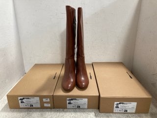 3 X WOMENS FAUX LEATHER BOOTS IN CHESTNUT BROWN SIZE: 6, 6.5 AND 10 RRP - £120: LOCATION - H12