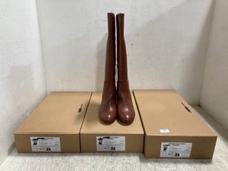 3 X WOMENS FAUX LEATHER BOOTS IN CHESTNUT BROWN SIZE: 6, 6.5 AND 11 RRP - £120: LOCATION - H12