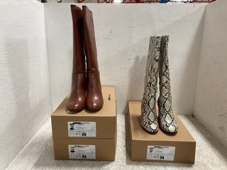 3 X WOMENS FAUX LEATHER BOOTS IN CHESTNUT BROWN AND SNAKE PRINT SIZE: 7, 8 AND 9 RRP - £120: LOCATION - H12