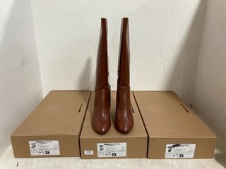 3 X WOMENS FAUX LEATHER BOOTS IN CHESTNUT BROWN SIZE: 7.5 AND 8 RRP - £120: LOCATION - H15