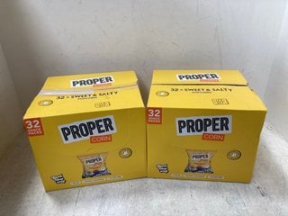 2 X BOXES OF PROPERCORN SWEET AND SALTY POPCORN - 32 PER BOX BB: 02/25: LOCATION - G18