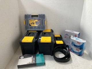 QTY OF ASSORTED ITEMS TO INCLUDE 3 X ASSORTED SIZED STANLEY PLASTIC TOOL BOXES IN YELLOW/BLACK: LOCATION - G16