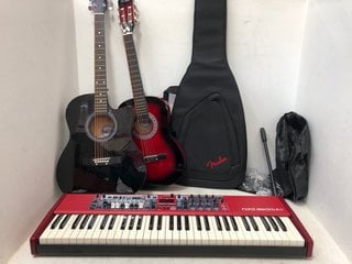 QTY OF ASSORTED MUSICAL ITEMS TO INCLUDE 2 X 3RD AVENUE CLASSICAL WOODEN GUITARS IN RED OMBRE AND BLACK: LOCATION - G0