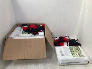 BOX OF ASSORTED HEALTH AND SAFETY CLOTHING ITEMS TO INCLUDE MULTIPACKS OF SITE PROTECTIVE GLOVES IN RED: LOCATION - F6