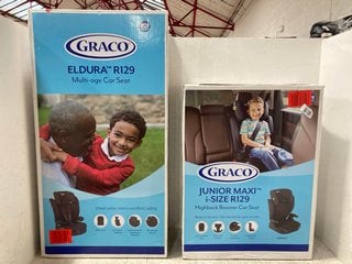 3 X ASSORTED CHILDRENS CAR SEAT ITEMS TO INCLUDE GRACO JUNIOR MAXI I - SIZE R129 HIGH BACK BOOSTER CAR SEAT: LOCATION - H3